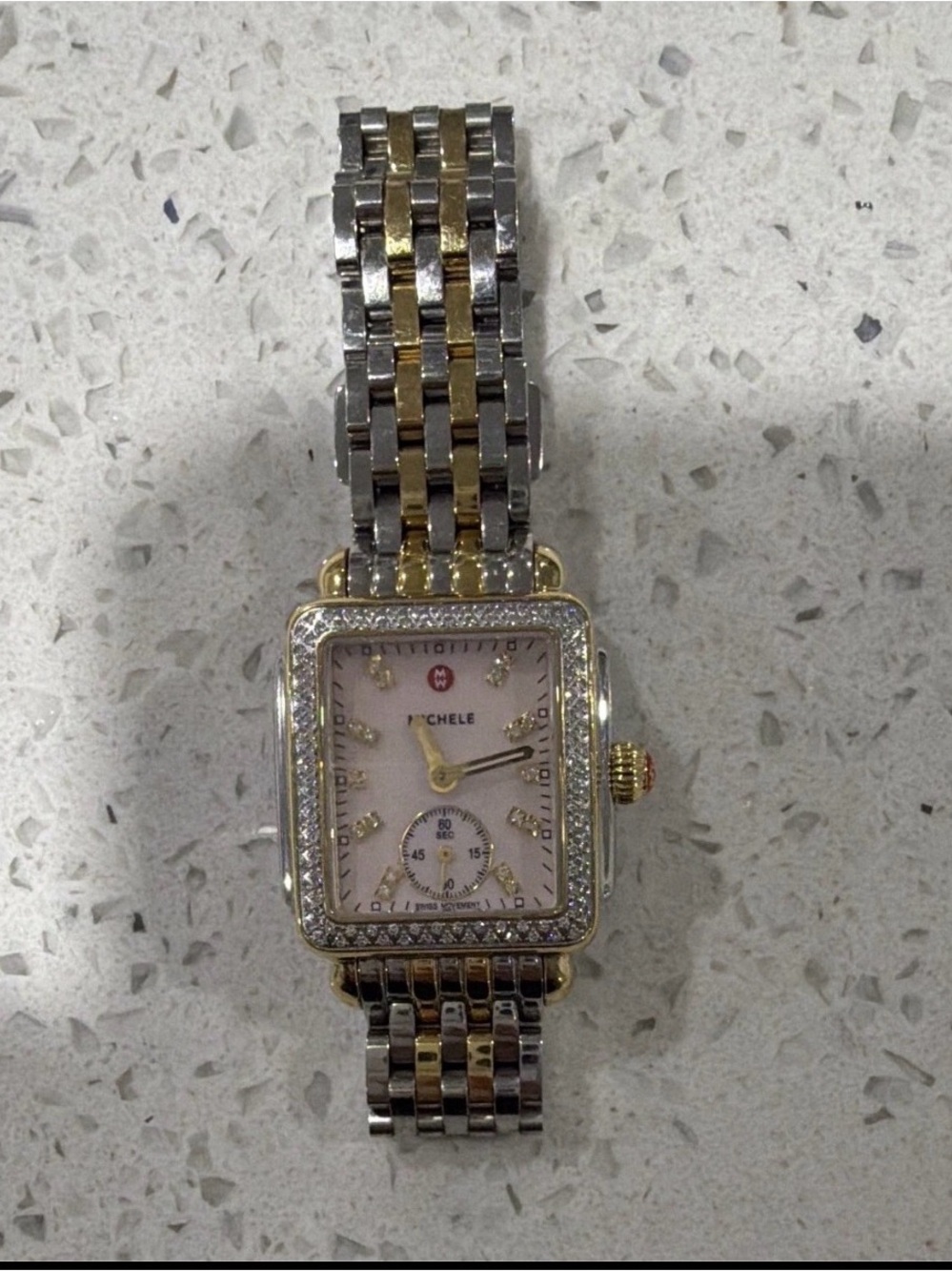 Michele Two-Tone Gold & Silver Watch with Pink Dial and Diamond Bezel